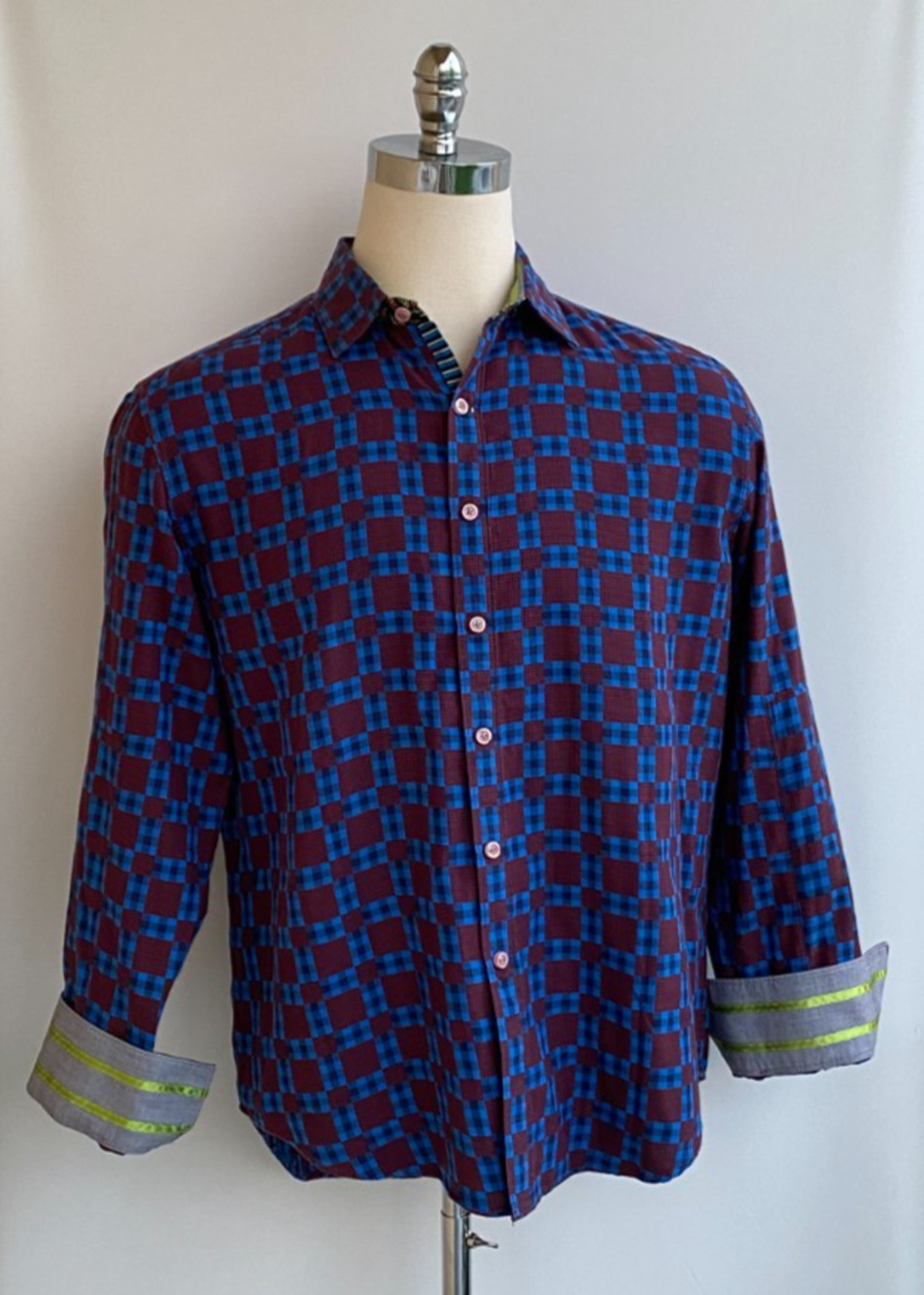 Robert Graham Green Blue Maroon Red Button Front Shirt sz XL